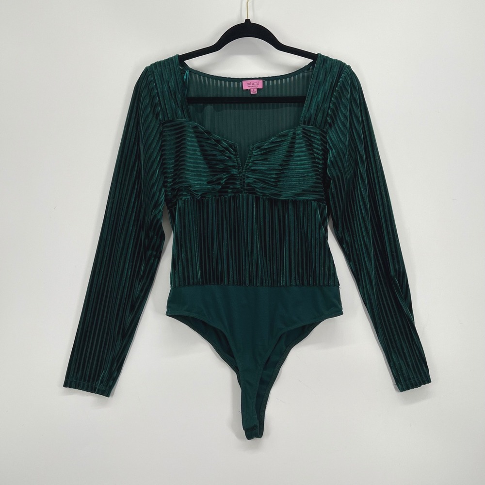 Mi Ami for Francesca's Emerald Green Pleated Long Sleeve Bodice Bodysuit L